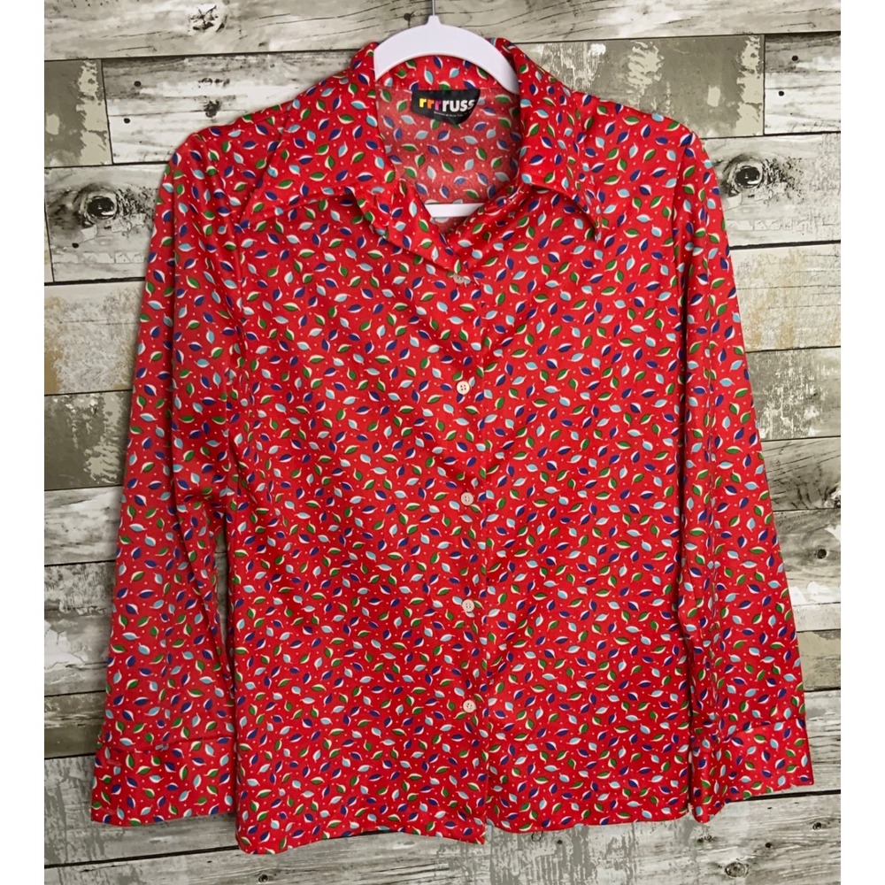 Vintage RUSS Womens Red Leaf Print Collared Buttonโ Down Shirt